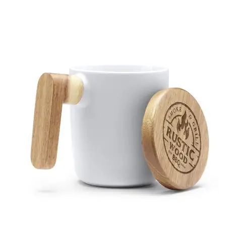 taza de cerámica en acabado mate con tapa y asa de bambú ref tz1130 - Blanco 01 Blanco