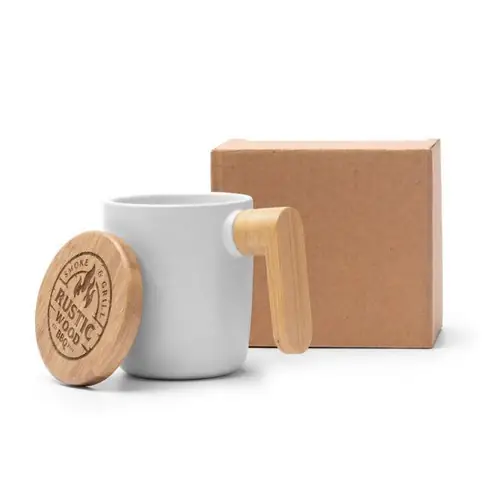 taza de cerámica en acabado mate con tapa y asa de bambú ref tz1130 - Blanco 05 Blanco