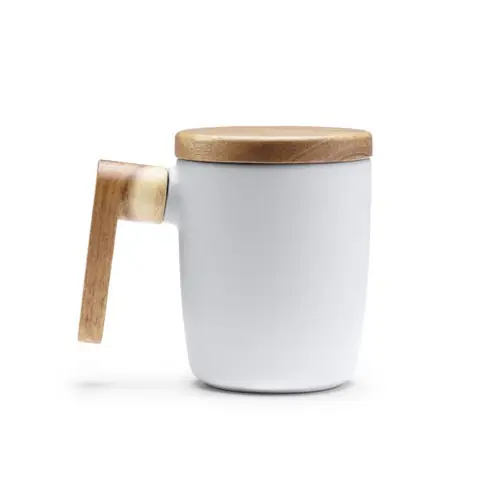 taza de cerámica en acabado mate con tapa y asa de bambú ref tz1130 - Blanco
