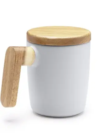 Taza de cerámica en acabado mate con tapa y asa de bambú